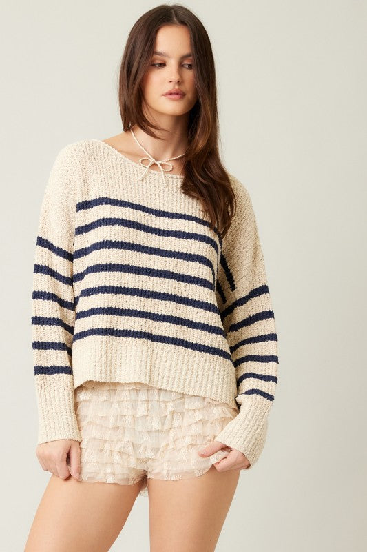 STRIPED LIGHTWEIGHT SWEATER - NAVY/CREAM