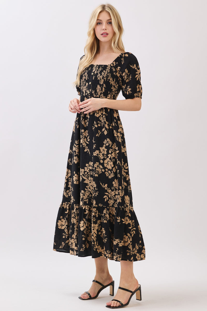 SMOCKED BODICE SQUARE NECK MIDI DRESS - BLACK/MOCHA