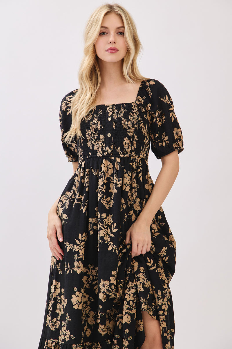 SMOCKED BODICE SQUARE NECK MIDI DRESS - BLACK/MOCHA