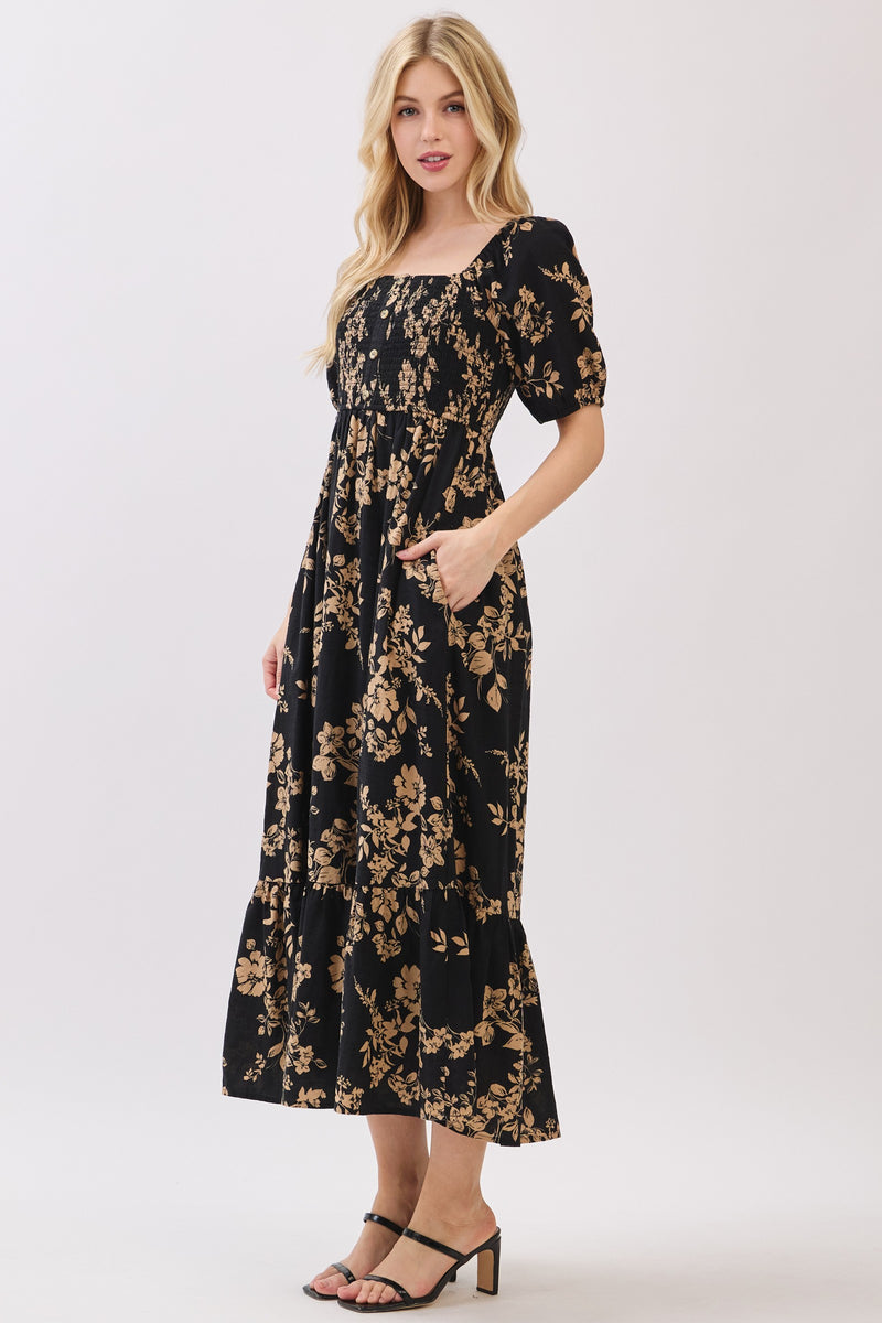 SMOCKED BODICE SQUARE NECK MIDI DRESS - BLACK/MOCHA