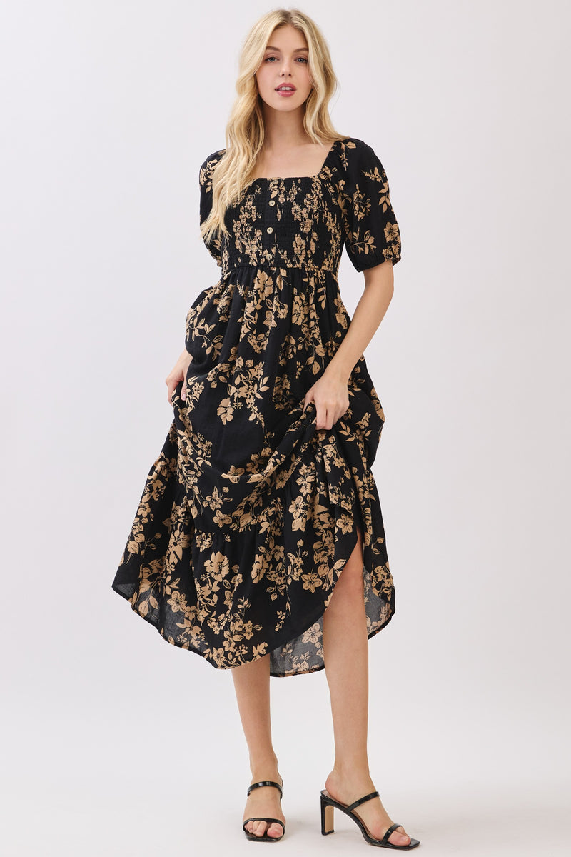 SMOCKED BODICE SQUARE NECK MIDI DRESS - BLACK/MOCHA