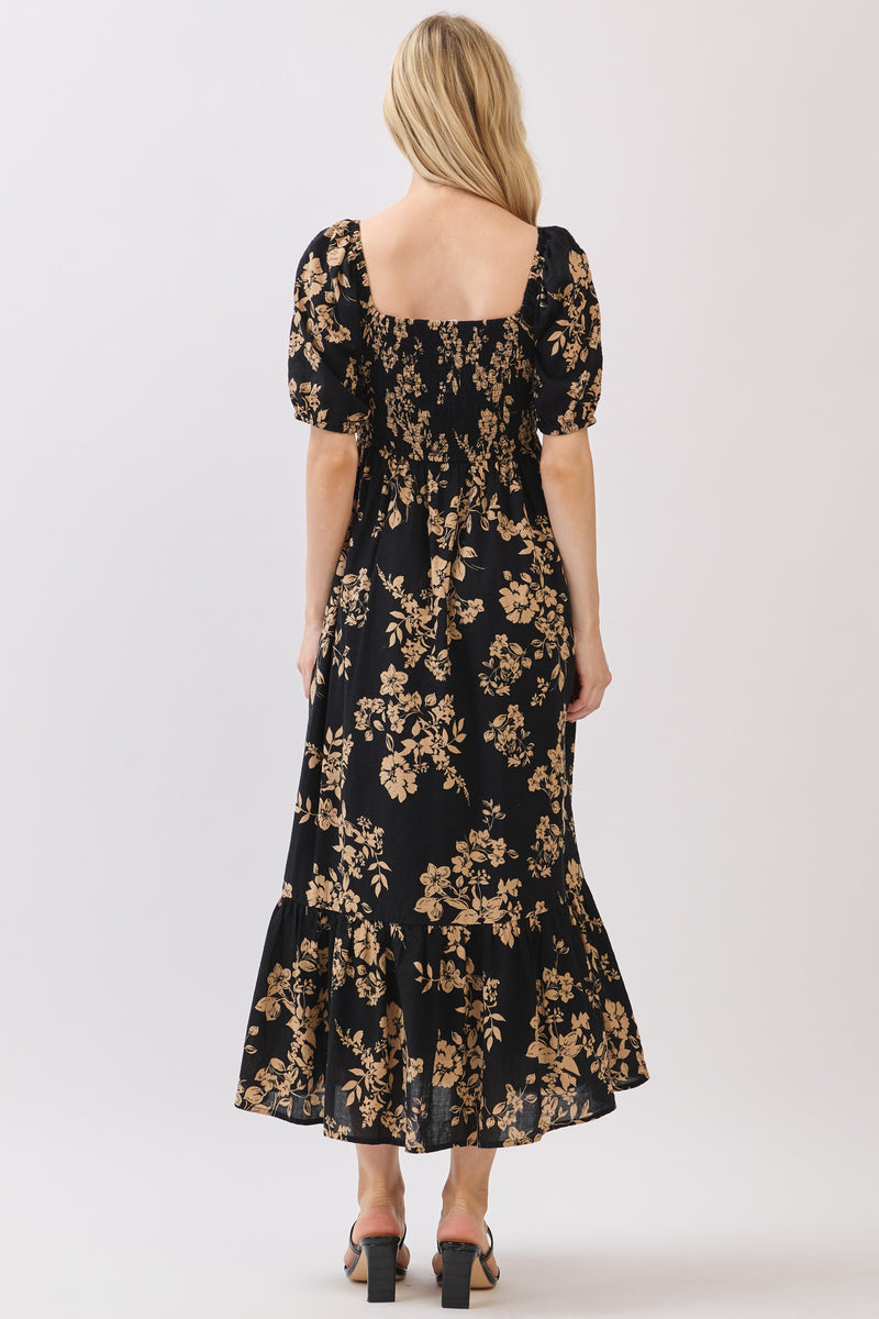 SMOCKED BODICE SQUARE NECK MIDI DRESS - BLACK/MOCHA