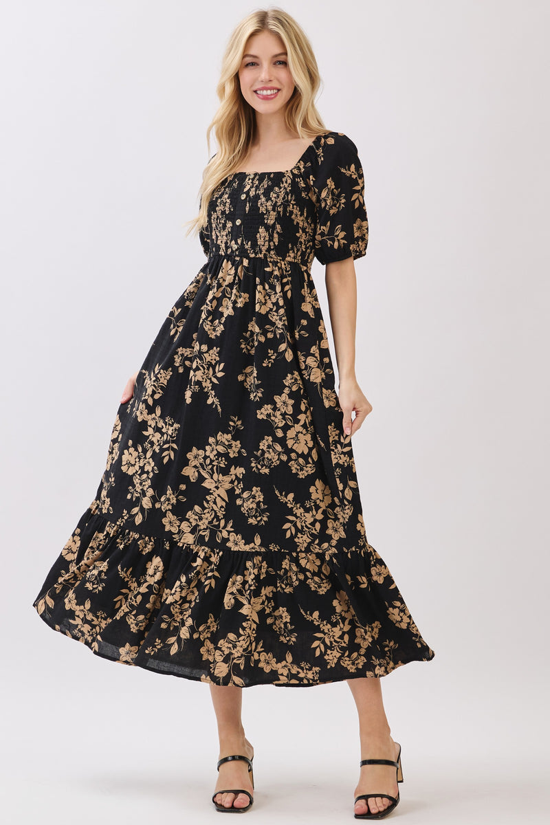 SMOCKED BODICE SQUARE NECK MIDI DRESS - BLACK/MOCHA