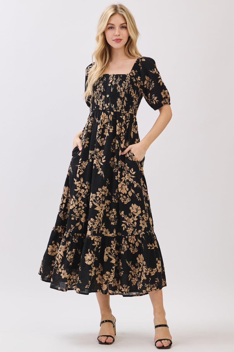 SMOCKED BODICE SQUARE NECK MIDI DRESS - BLACK/MOCHA