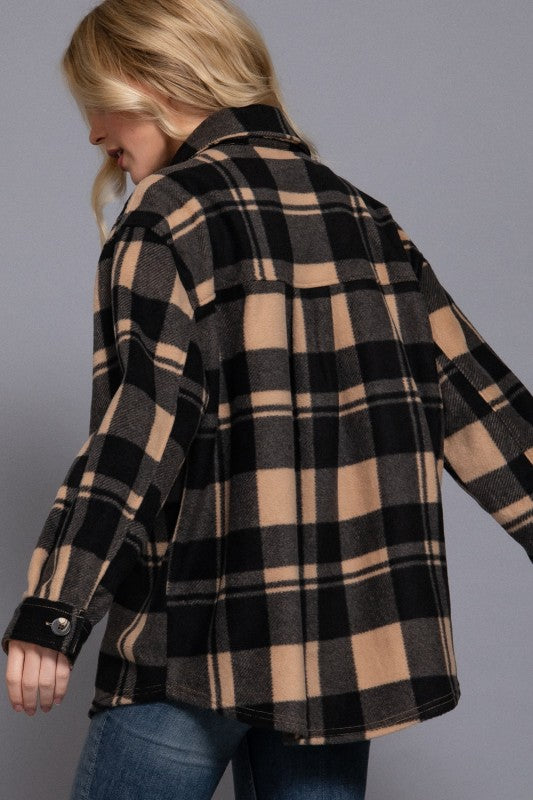 CHECKERED PRINT FLEECE SHACKET - TAUPE/BLACK