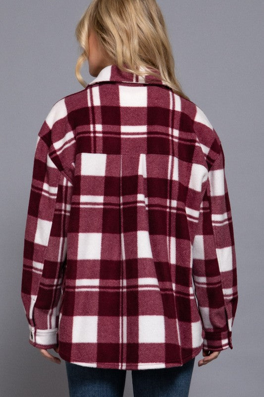 CHECKERED PRINT FLEECE SHACKET - BURGUNDY/WHITE