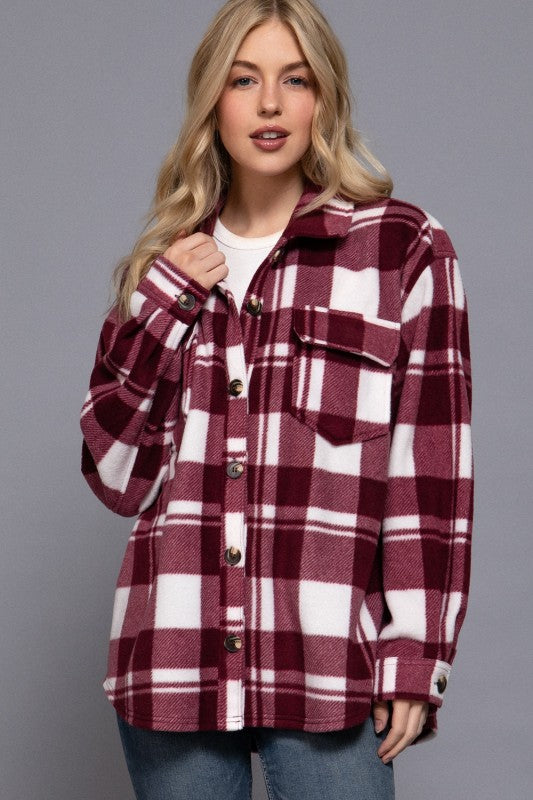 CHECKERED PRINT FLEECE SHACKET - BURGUNDY/WHITE