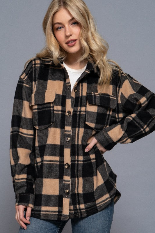 CHECKERED PRINT FLEECE SHACKET - TAUPE/BLACK