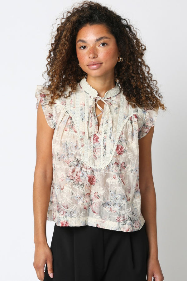 TINA FLORAL SLEEVELESS SHIRT - CREAM/ROSE