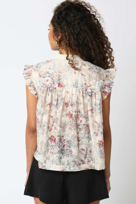 TINA FLORAL SLEEVELESS SHIRT - CREAM/ROSE