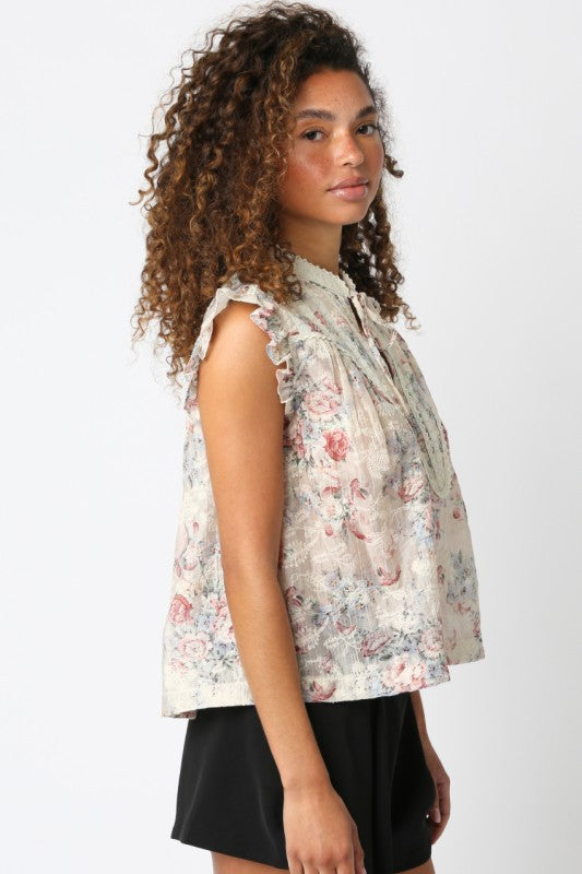 TINA FLORAL SLEEVELESS SHIRT - CREAM/ROSE