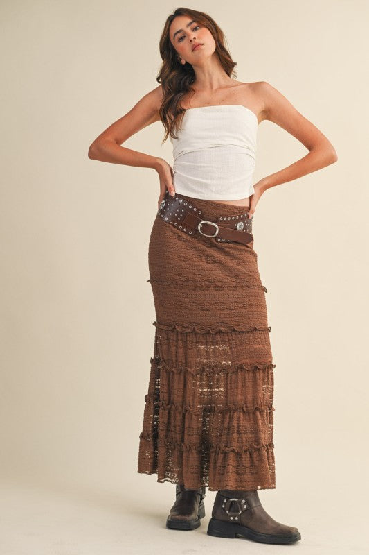 LACE TIERED MERMAID MIDI SKIRT - MOCHA BROWN