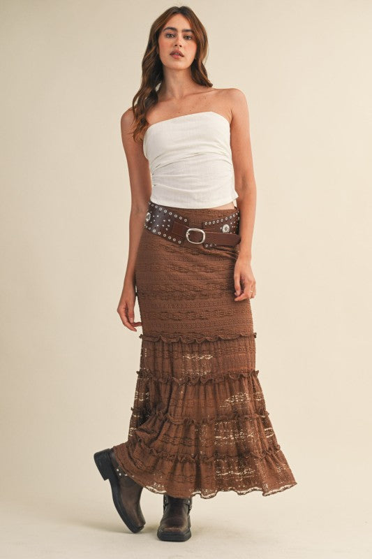LACE TIERED MERMAID MIDI SKIRT - MOCHA BROWN