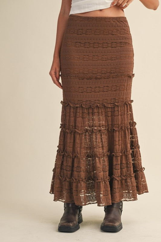LACE TIERED MERMAID MIDI SKIRT - MOCHA BROWN