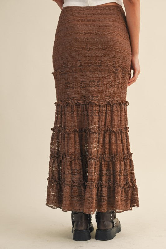 LACE TIERED MERMAID MIDI SKIRT - MOCHA BROWN