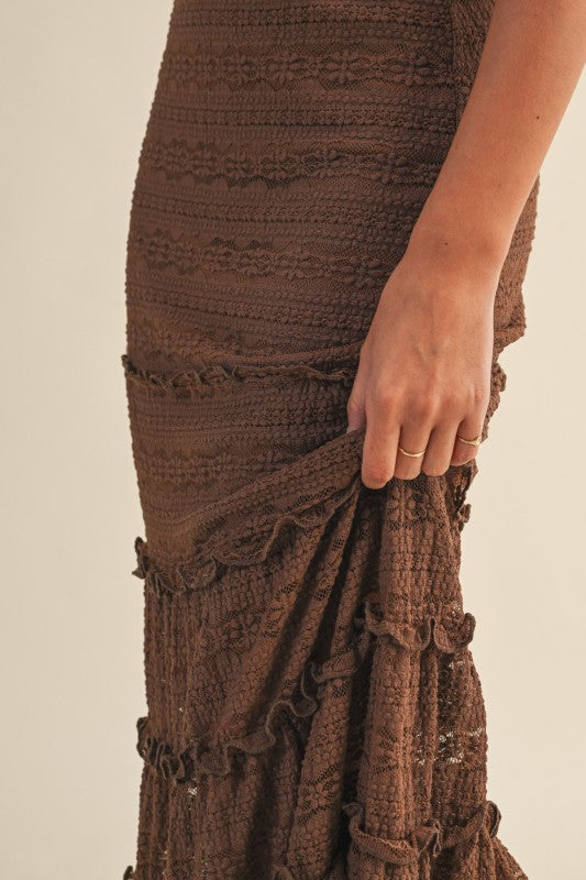 LACE TIERED MERMAID MIDI SKIRT - MOCHA BROWN