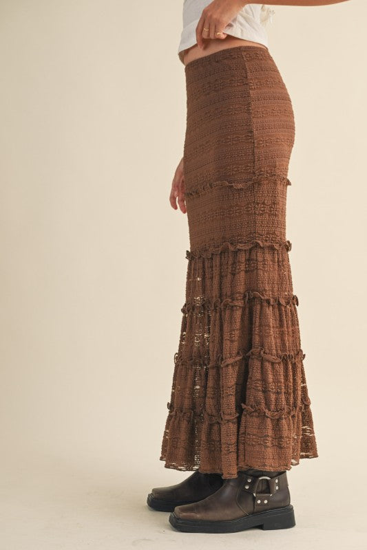 LACE TIERED MERMAID MIDI SKIRT - MOCHA BROWN