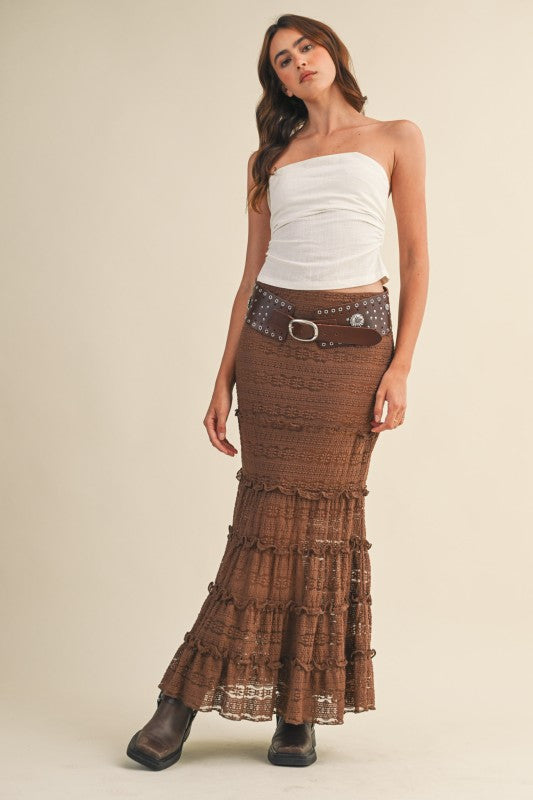 LACE TIERED MERMAID MIDI SKIRT - MOCHA BROWN
