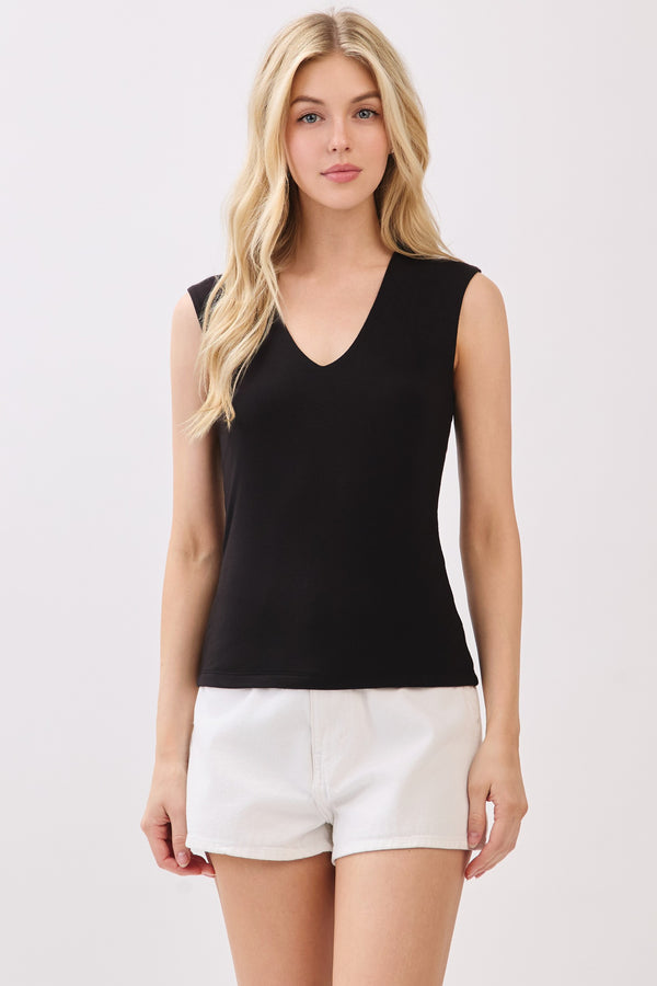 DOUBLE LAYER V-NECK TANK TOP - BLACK