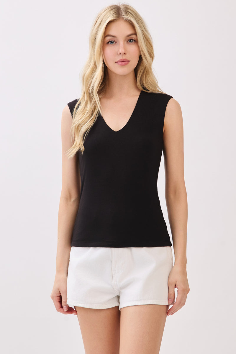 DOUBLE LAYER V-NECK TANK TOP - BLACK