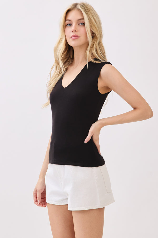 DOUBLE LAYER V-NECK TANK TOP - BLACK