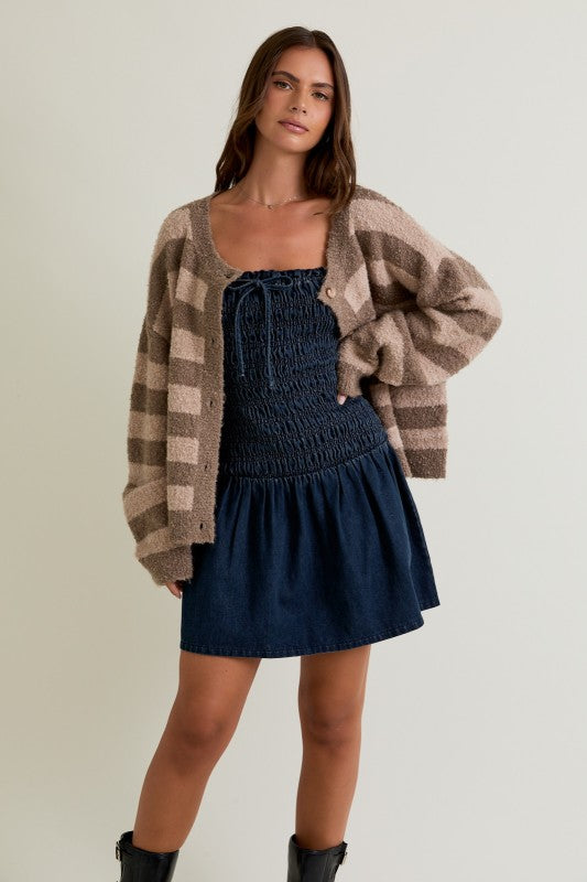 STRIPED FUZZY BOUCLE CARDIGAN - BEIGE/TAUPE