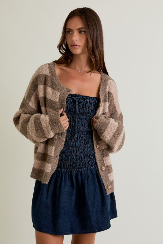STRIPED FUZZY BOUCLE CARDIGAN - BEIGE/TAUPE