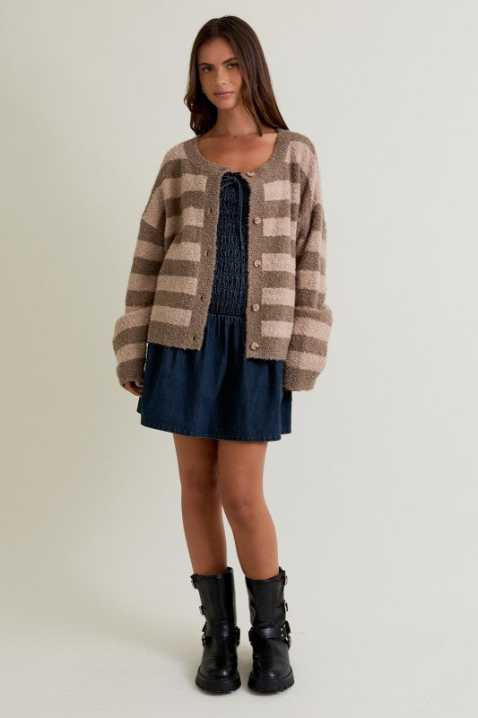 STRIPED FUZZY BOUCLE CARDIGAN - BEIGE/TAUPE