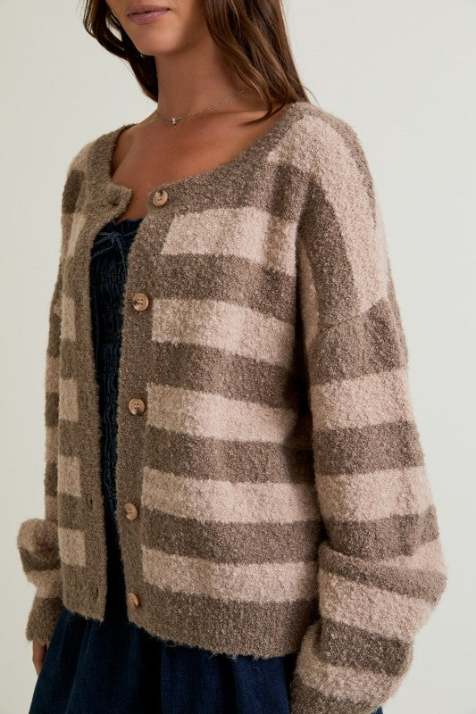 STRIPED FUZZY BOUCLE CARDIGAN - BEIGE/TAUPE