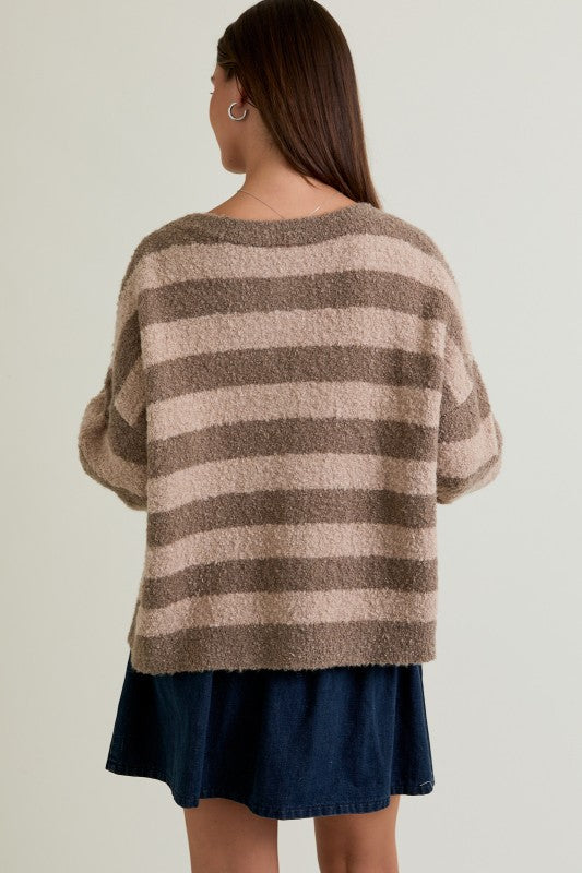 STRIPED FUZZY BOUCLE CARDIGAN - BEIGE/TAUPE