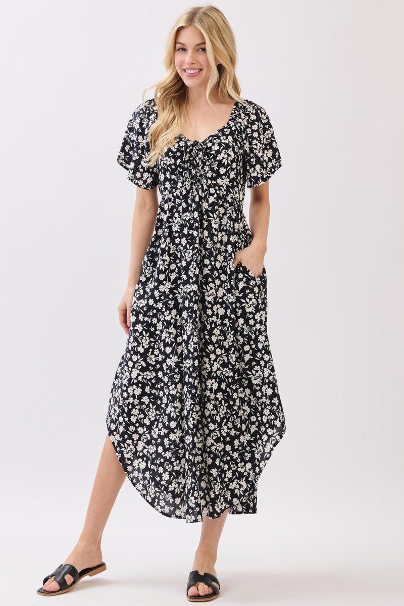 FLORAL PRINT TIE DETAIL MIDI DRESS - BLACK/IVORY