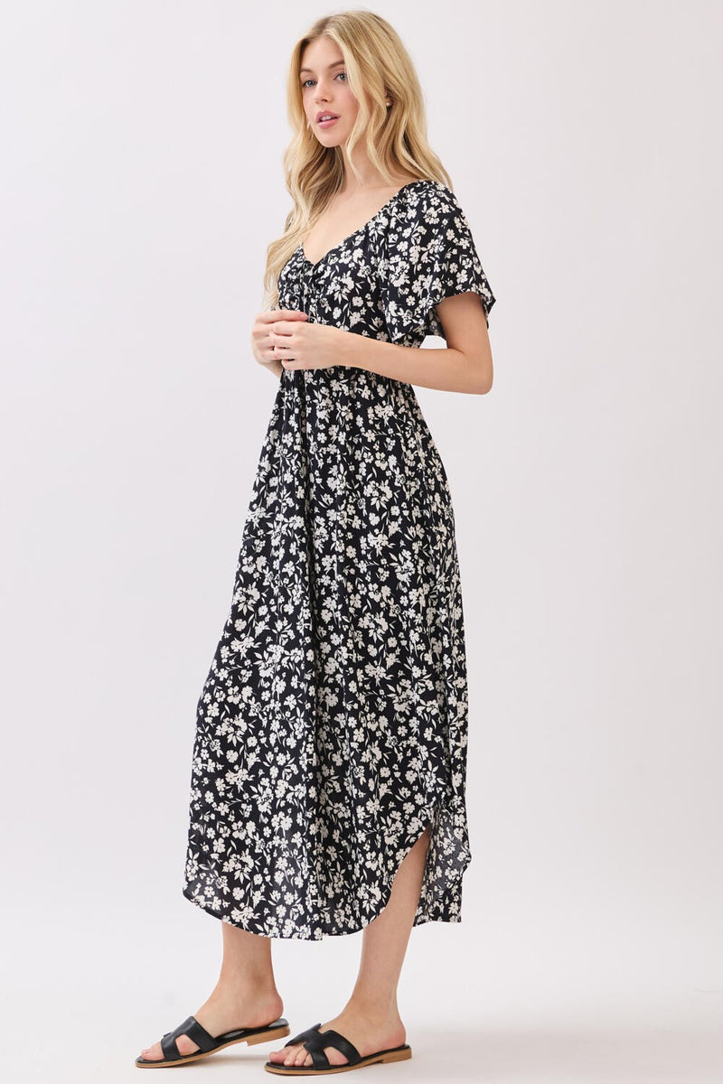 FLORAL PRINT TIE DETAIL MIDI DRESS - BLACK/IVORY