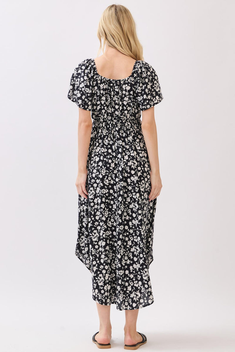 FLORAL PRINT TIE DETAIL MIDI DRESS - BLACK/IVORY
