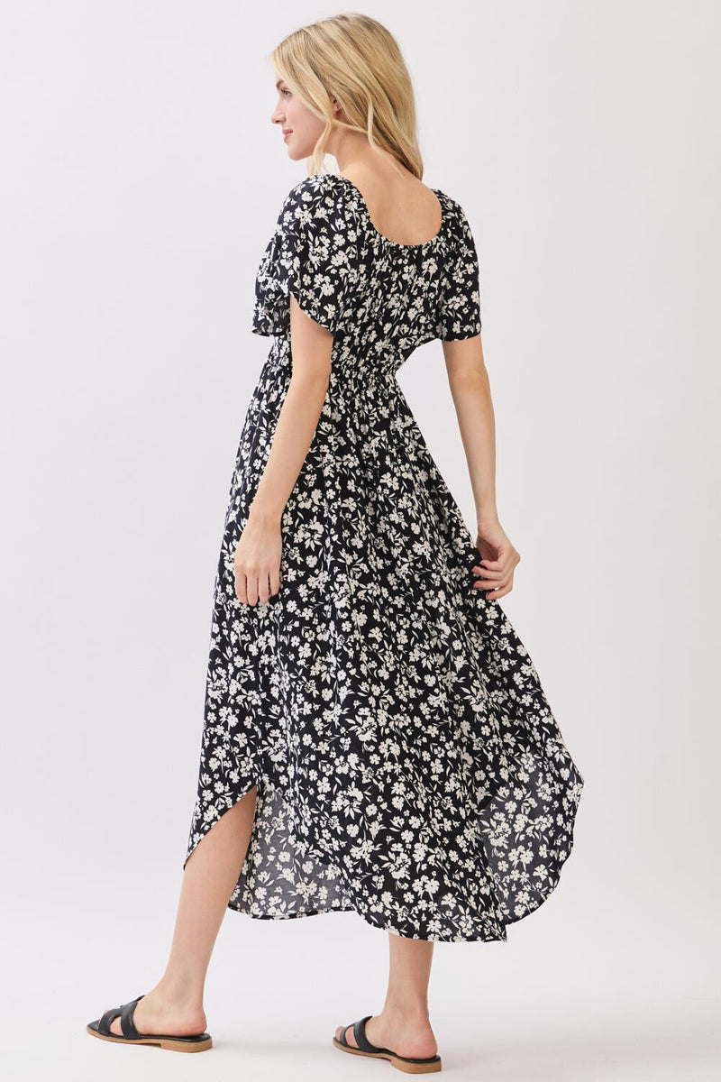 FLORAL PRINT TIE DETAIL MIDI DRESS - BLACK/IVORY