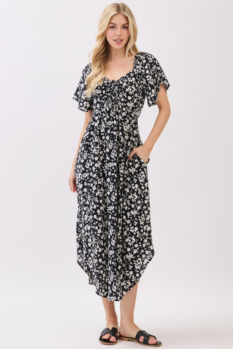 FLORAL PRINT TIE DETAIL MIDI DRESS - BLACK/IVORY