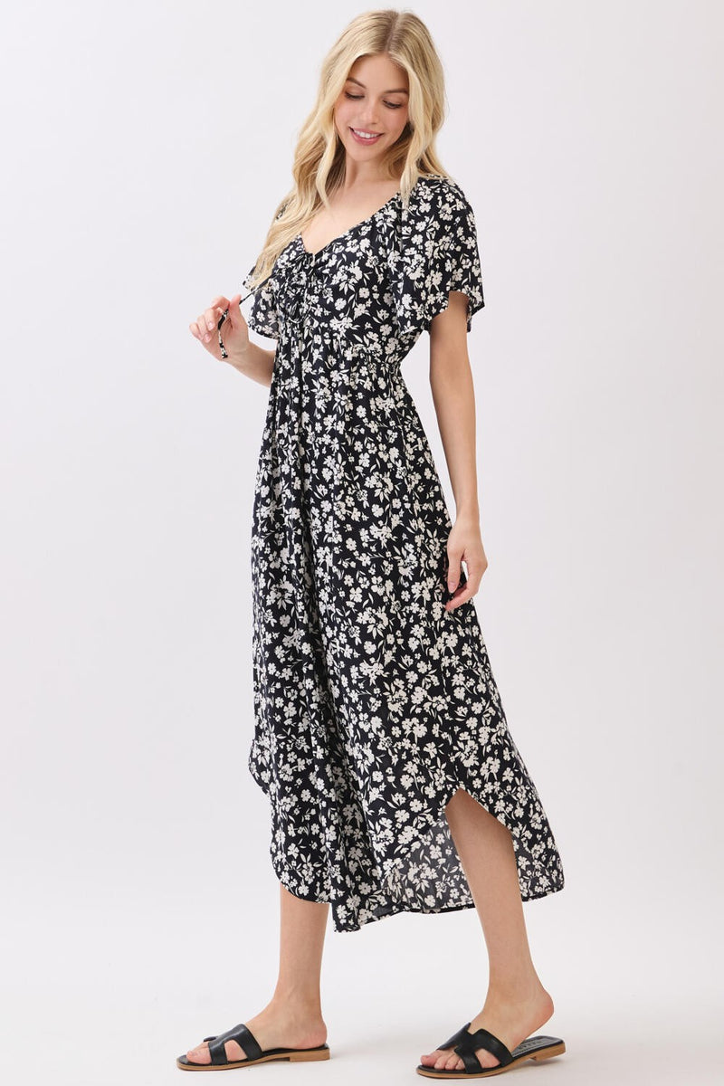 FLORAL PRINT TIE DETAIL MIDI DRESS - BLACK/IVORY