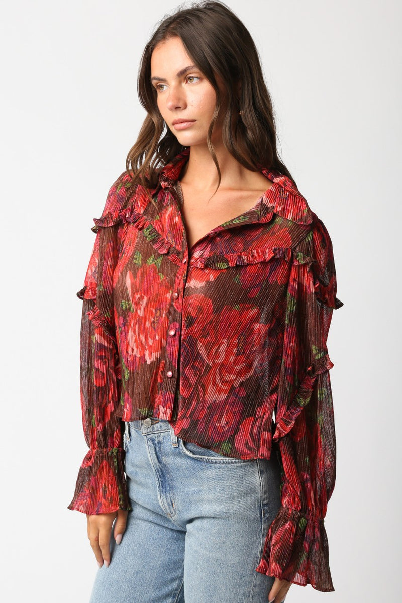 FLORAL RUFFLE BLOUSE - RED BURGUNDY