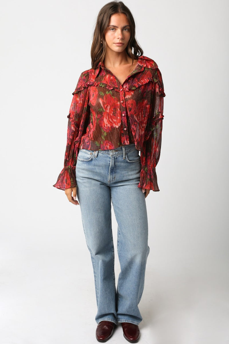 FLORAL RUFFLE BLOUSE - RED BURGUNDY