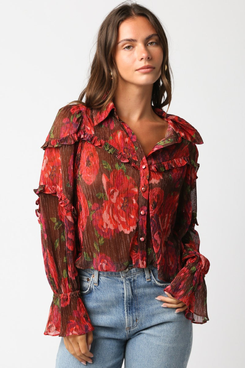 FLORAL RUFFLE BLOUSE - RED BURGUNDY