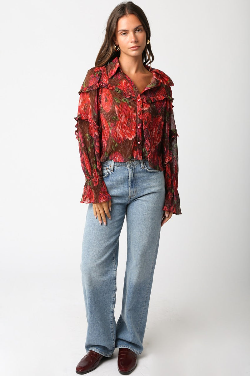 FLORAL RUFFLE BLOUSE - RED BURGUNDY