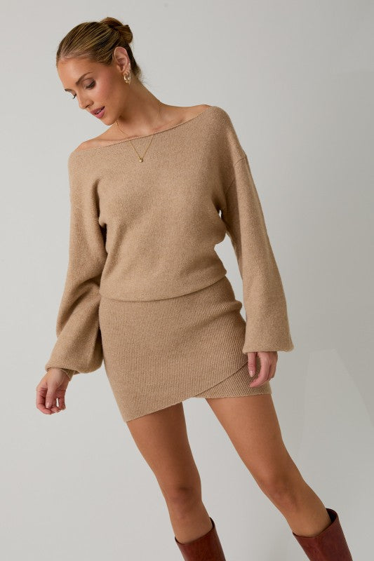 BOATNECK SWEATER DRESS - TAN