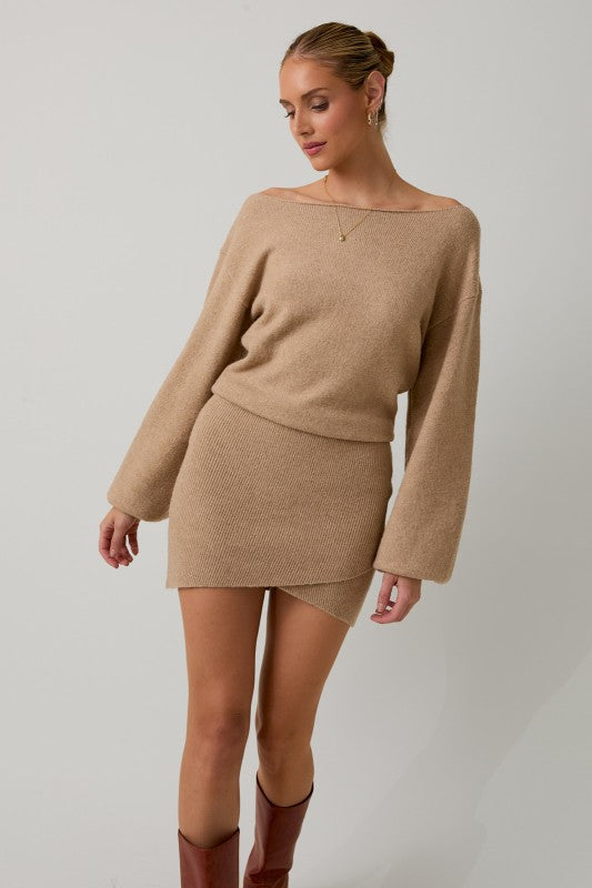 BOATNECK SWEATER DRESS - TAN