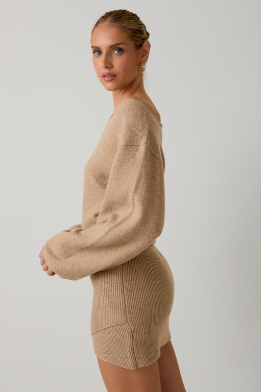 BOATNECK SWEATER DRESS - TAN