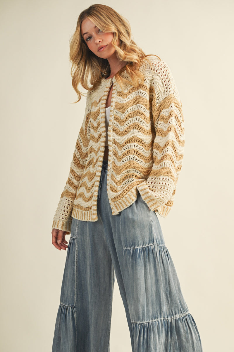 WAVE PATTERN SWEATER CARDIGAN - BEIGE