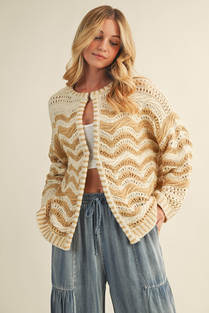 WAVE PATTERN SWEATER CARDIGAN - BEIGE