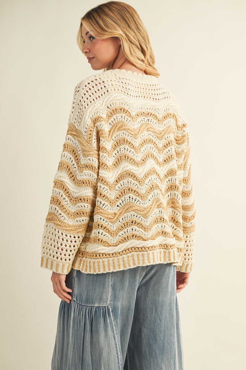 WAVE PATTERN SWEATER CARDIGAN - BEIGE