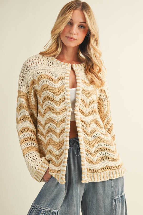 WAVE PATTERN SWEATER CARDIGAN - BEIGE
