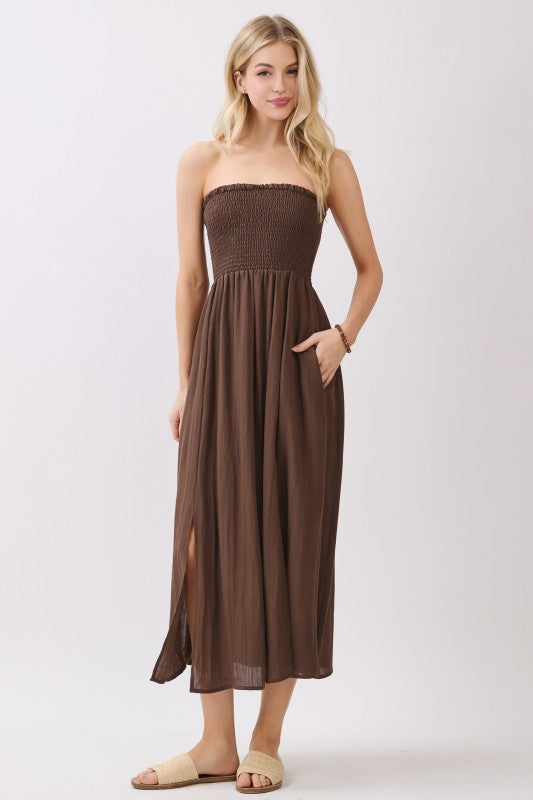 SMOCKED TUBE MIDI DRESS - BROWN