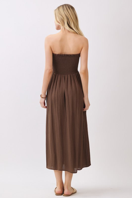 SMOCKED TUBE MIDI DRESS - BROWN