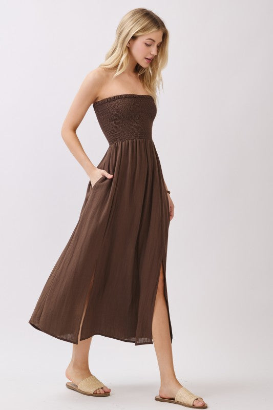 SMOCKED TUBE MIDI DRESS - BROWN